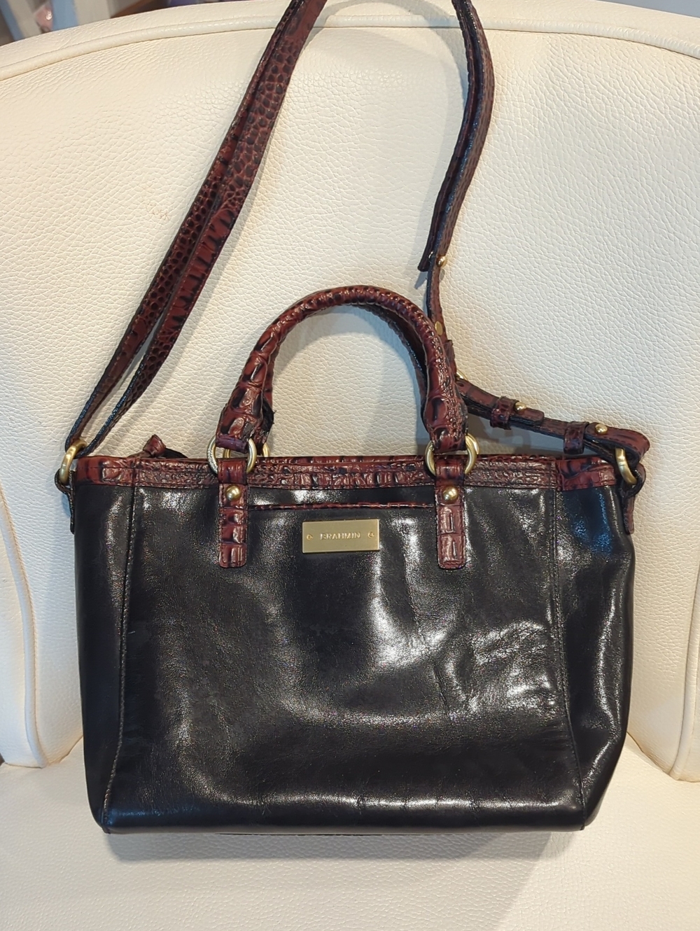 Brahmin Black Satchel with Brown Croc-Trim